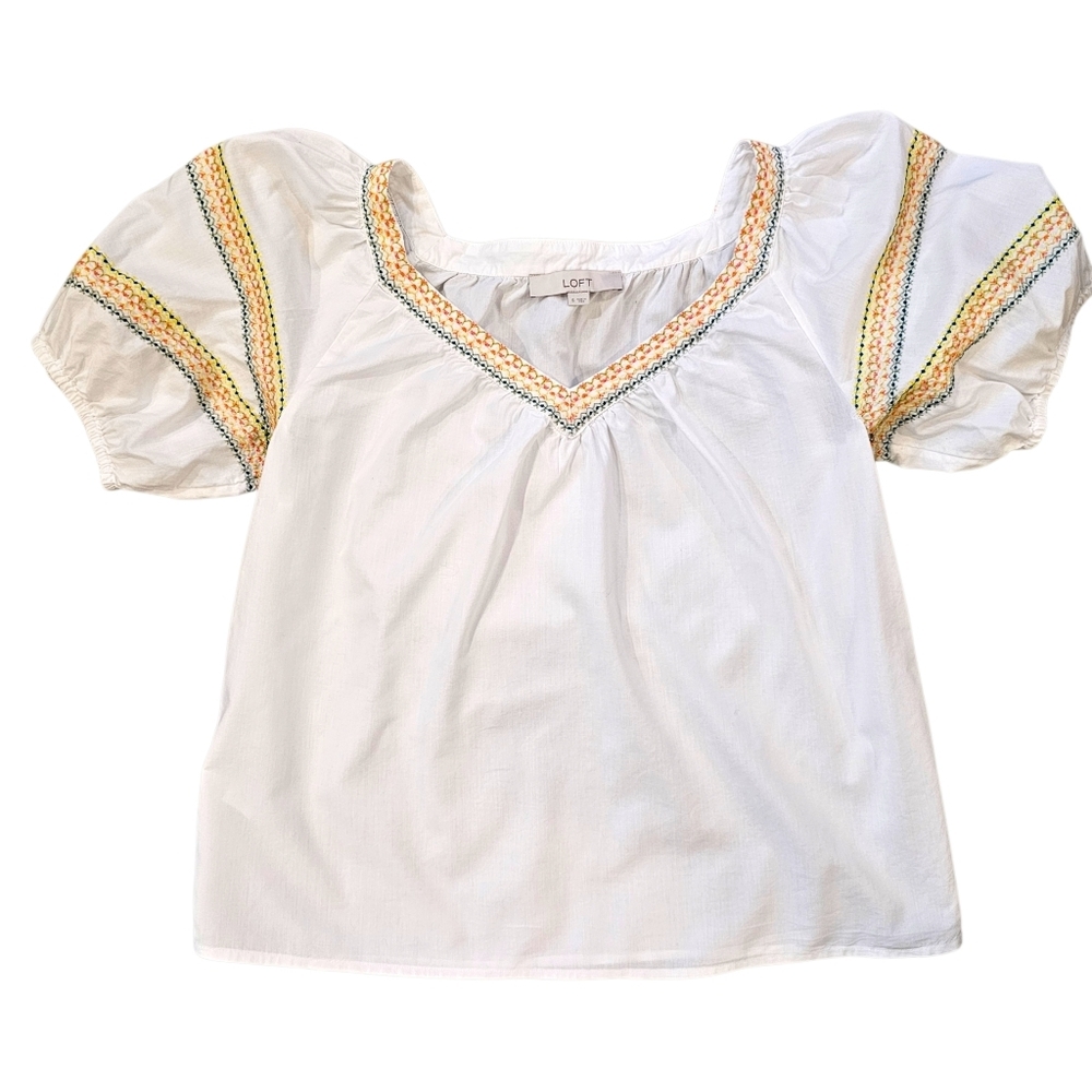 LOFT White Blouse with Colorful Embroidery